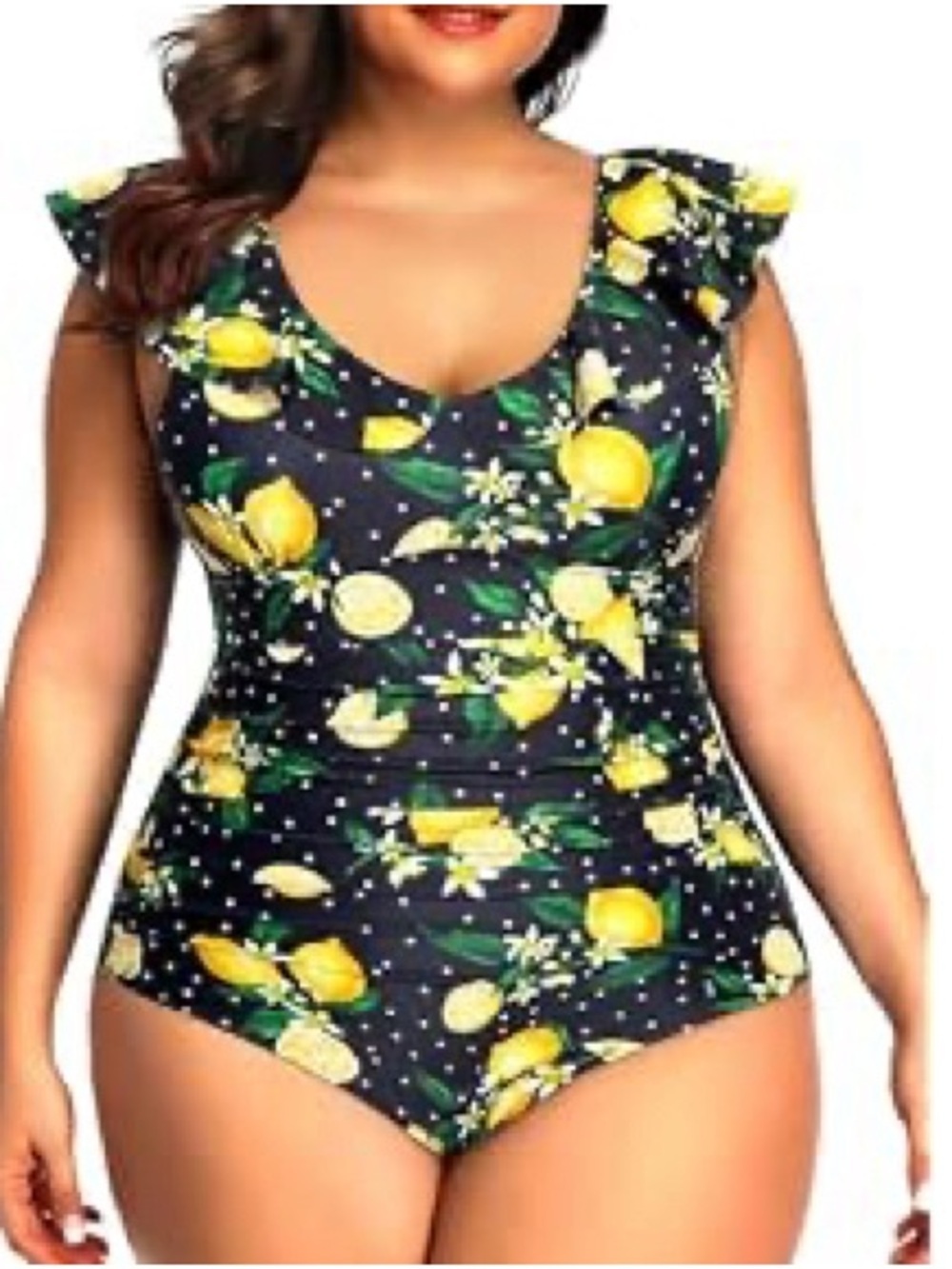 Daci Ruffled Vintage Retro Style Lemon Print Tummy Control Swimsuit Plus Size 16 - Picture 2 of 13